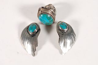 Vintage Navajo 925 & Turquoise Earrings w/Ring
