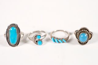 Group, 4 Vintage Navajo 925 & Turquoise Rings