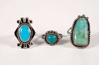 3 Vintage Sterling & Turquoise Ladies Rings