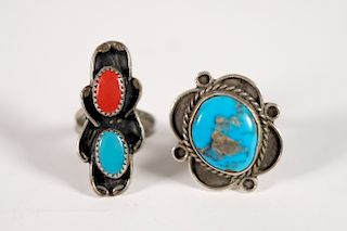 2 Vintage Navajo Sterling Silver Rings w/Stones