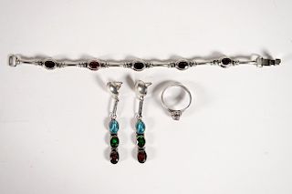 3 PCs Sterling & Gemstone Bracelet, Ring, Earrings