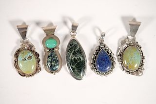 5 Native American Sterling Silver & Stone Pendants