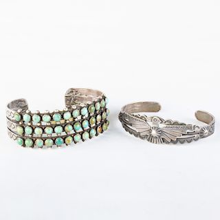 Navajo Silver and Turquoise Cuff Bracelet and a Small Navajo Silver Cuff Bracelet