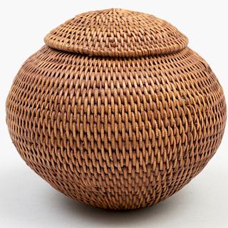 Miniature Round Finely Woven Basket with Lid, Probably California