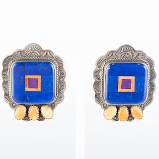 Pair of Aldrich Sterling, Lapis and Coral Earrings