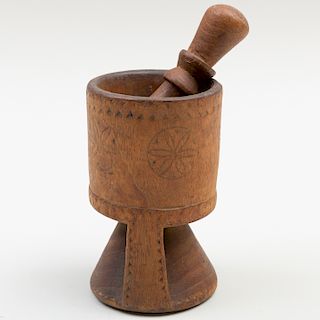 Iroquois Carved Wood Tobacco Mortar and Pestle with Geometric and Chip Carving