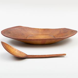 Eskimo Painted Wood Dish and Associated Ladle