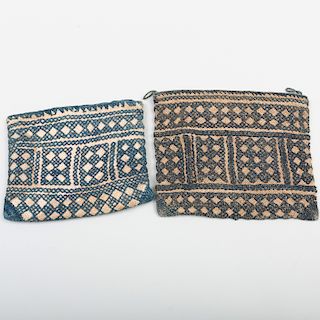 Pair of Choctaw Flat Woven Pouches with Blue Embroidered Decoration