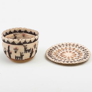 Lina Antone: O'Odham Woven Polychrome Horsehair Figural Friendship Tray and a Miniature Basket