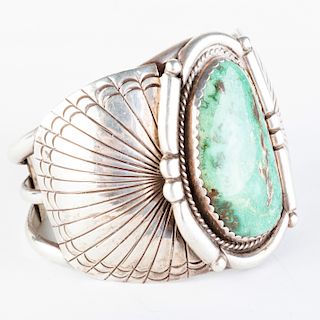 Large Native American Silver and Turquoise Cuff Bracelet