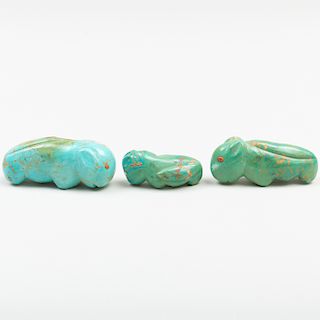 Two Zuni Turquoise and Coral Wolf Fetishes and a Zuni Turquoise Bear Fetish 