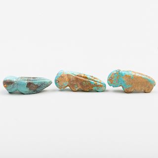 Group of Three Zuni Turquoise Fetishes, of a Wolf, a Bear and a Macaw 