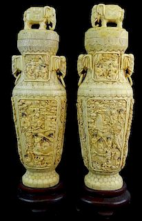 A Large Pair of Chinese Export Bone Elephant Urns