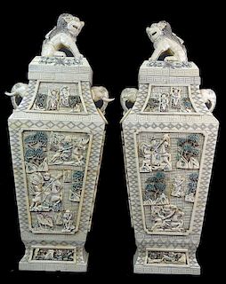 A Large Pair of Chinese Export Bone Lidded Urns