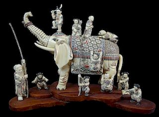 A Large Chinese Export Bone Elephant Group Carving