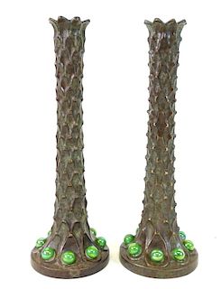 Pair of Bronze Palm Tree Art Glass Candle Sticks