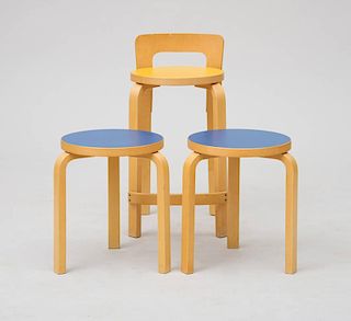 TWO ALVAR AALTO MODEL 60 BENTWOOD LAMINATE STACKING STOOLS AND A BENTWOOD LOW BACK STOOL