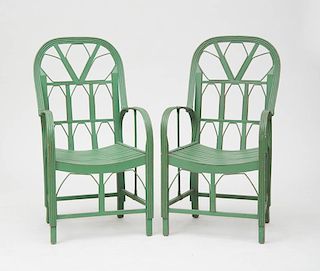 PAIR OF GREEN PAINTED WOOD AND BENT WILLOW ARMCHAIRS