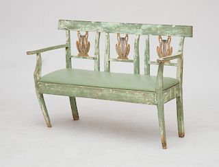 ITALIAN NEOCLASSICAL GREEN PAINTED AND PARCEL-GILT TRIPLE CHAIR-BACK SETTEE