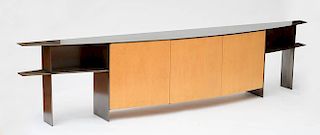 CONTEMPORARY BIRD'S-EYE MAPLE AND BRUSHED STEEL SOFA CABINET