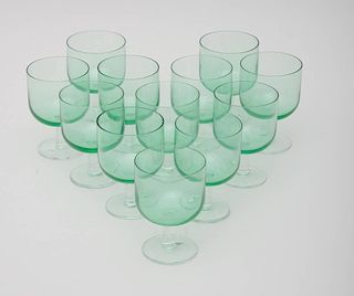 SET OF TWELVE GREEN WINE GLASSES
