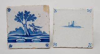 TWO DUTCH DELFT BLUE AND WHITE TILES AND A FRENCH TILE DEPICTING A BAKING SCENE