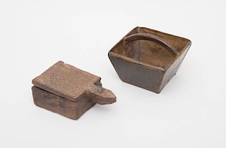 CHINESE CARVED WOODEN BOX WITH PIVOT LID AND AN ASIAN WOOD BASKET WITH HANDLE