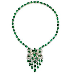 18k Gold 48ct Emerald and 7.94cy Diamond Necklace
