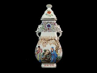 An Asian Hand Painted Porcelain Covered Urn