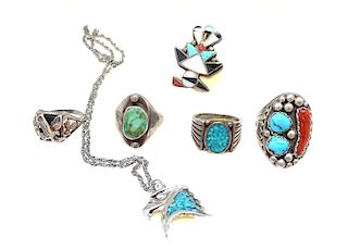(6) Six Sterling Silver Turquoise Rings And Neckla
