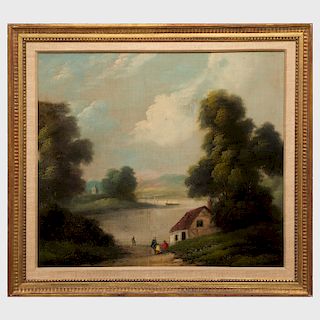American School: River Landscape with Figures Beside a House