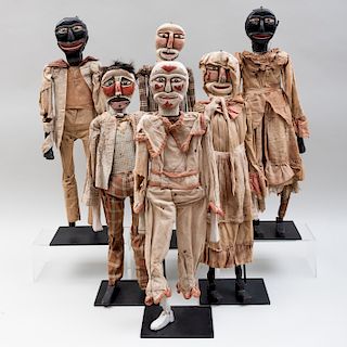 Unusual Group of Seven American Painted Wood and Cloth Articulated Marionettes