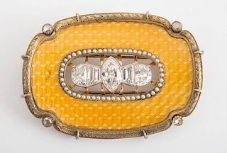 FABERGÉ SILVER-GILT, ENAMEL AND DIAMOND BUCKLE, CONVERTED TO A BROOCH, MICHAEL PERCHIN, ST. PETERSBURG