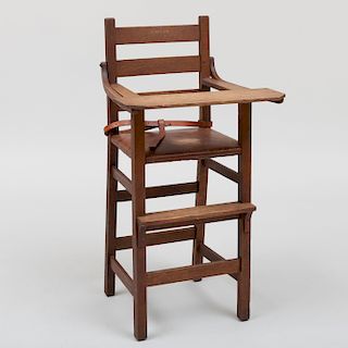 Gustav Stickley Oak and Leather Child's High Chair