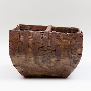 Asian Metal-Mounted Carved Wood Carrying Basket