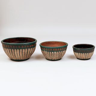 Set of Three Green and White Painted Terracotta Bowls