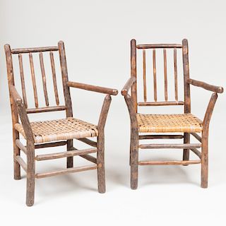 Pair of 'Genuine Old Hickory' Armchairs, a Side Table, a Coat Stand, and a Single Chair