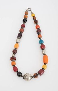 BRASS, GLASS BEAD AND HARDSTONE NECKLACE