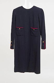 CHANEL NAVY WOOL DAY DRESS WITH RED PIPING AND GOLD BUTTONS