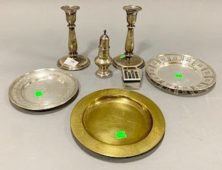 Seven Tiffany & Co. pieces, Casio calculator with Tiffany sterling case, two sterling dishes marked 6025 and 6737 and gilt bronze plate marked Tiffany