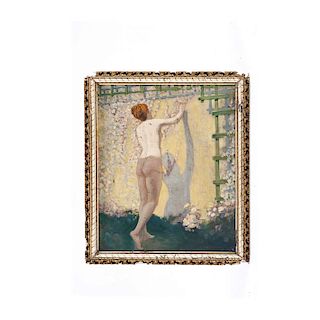 IGNACIO "NACHO" ROSAS (MÉXICO, 1880 - 1950). MUJER DE ESPALDAS. Óleo sobre tela. Firmado y fechado "1927". Dimensiones: 50 x 40 cm