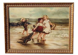 Early 20th C. Painting of Children on Beach