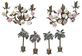 Pair Metal Floral Sconces, Palm Tree Sculptures