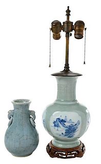 Two Chinese Celadon Vases, One Converted to Lamp