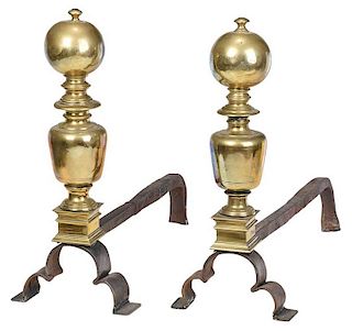Pair Baroque Brass Andirons