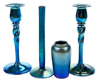 Four Pieces Steuben Aurene Blue Glass