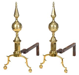 Large Pair of Brass Steeple Top Andirons