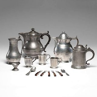 Pewter Pitchers Including Sellew, Tankards and Cups, Plus 