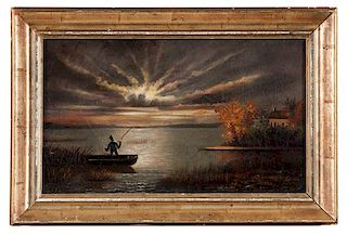 Folk Art Moonlit Lake Scene 