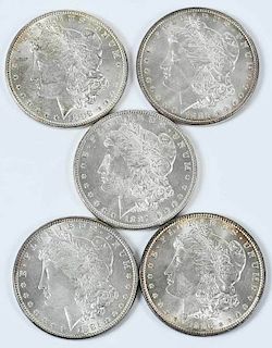 Five Uncirculated Philadelphia Morgan Dollars